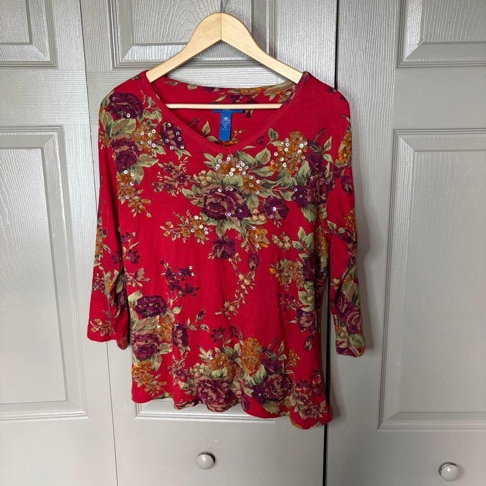 Karen Scott Sport Red Floral Beaded Sequin V-Neck Blouse Y2K Women Medium